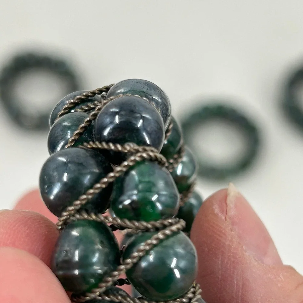 Vintage Beaded Napkin Rings Set of 5 Green Glass Silver Wire Boho Made in India